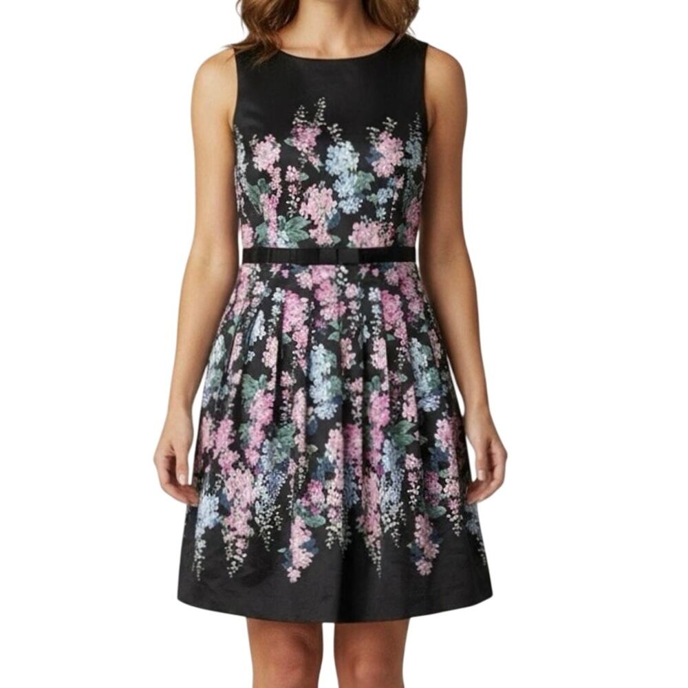 RSVP by Talbots 12 Petite Floral Sateen Fit & Flare Dress Black Pastel Hydrangea